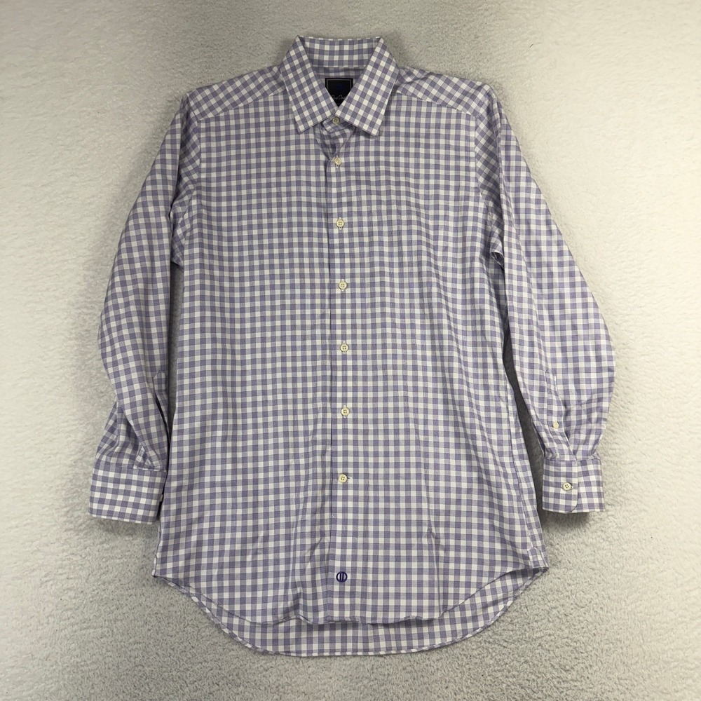 David Donahue Shirt Men 16 32-33 Purple White Trim Fit Dress Check Button Up